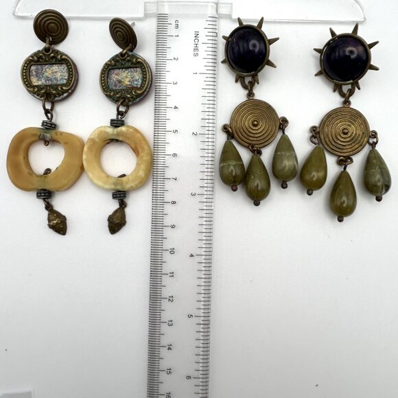 Vintage Boho Artisan Statement Earring Bundle Brass Tone Dangles Hoop - Picture 14 of 16